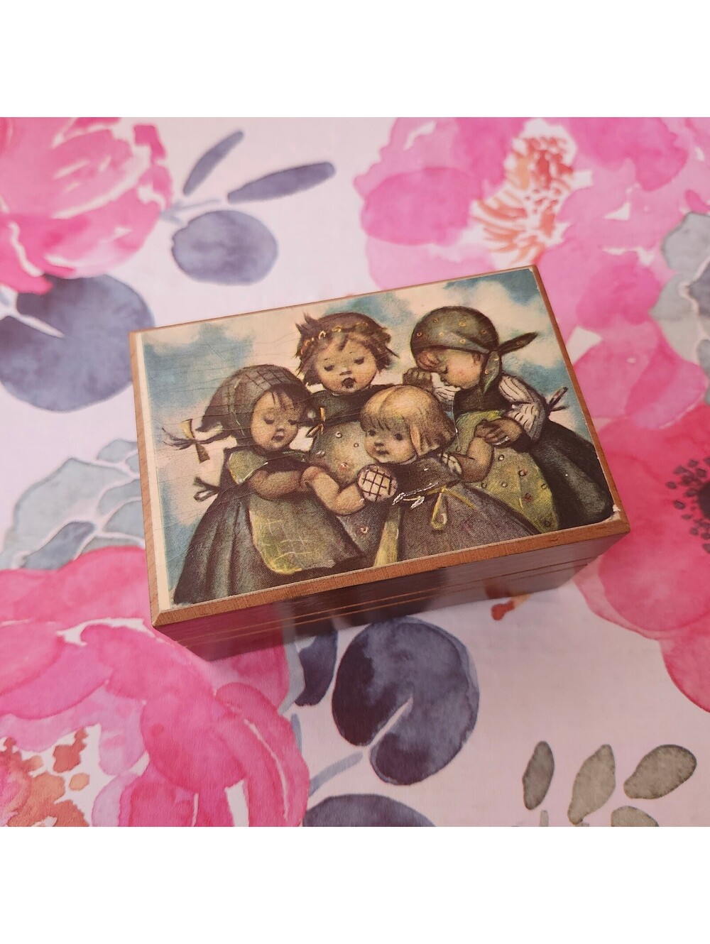 Vintage Hummel Reuge Wooden Music Box Children Singing Swiss Movement AS IS